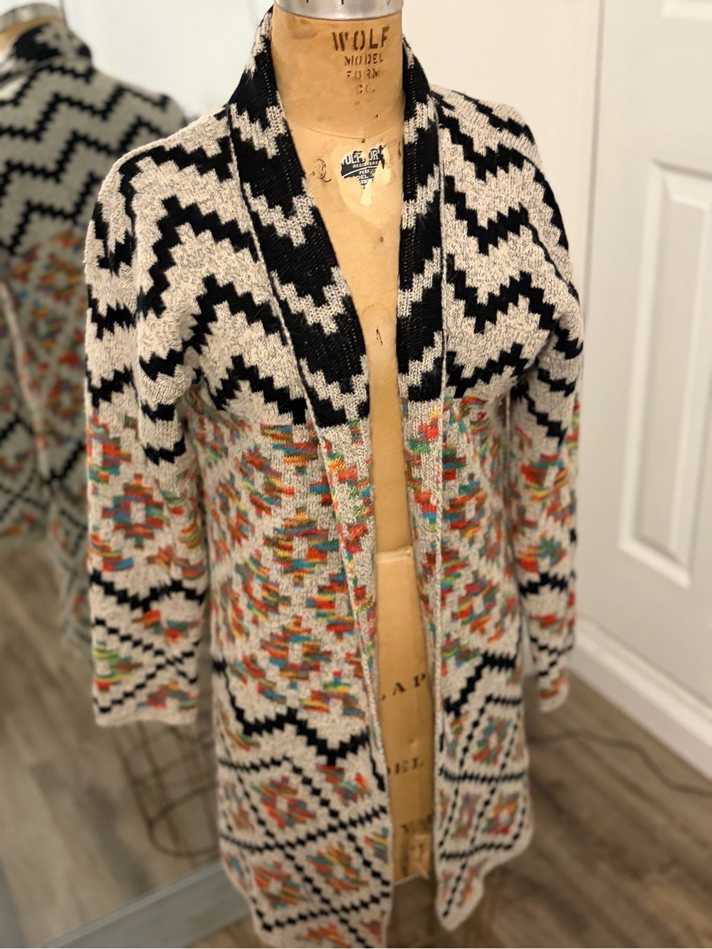 debut Black & Cream Open-Front Geometric Cardigan with Multicolor Accents